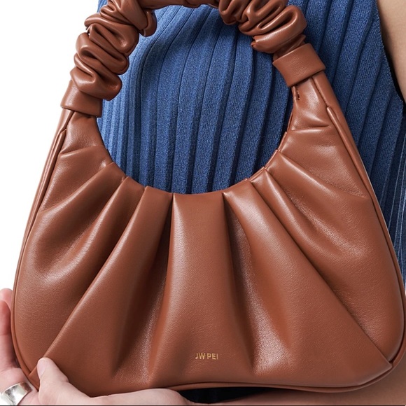 Tag On Vegan Leather Cognac Brown Ruched Puff Designer Handbag Purse Fashion Bag - Picture 4 of 10